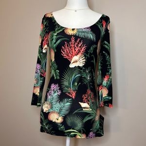NWT Boston Proper Coral Shell Palm Leaf Print Black 3/4 Sleeve T-Shirt Size XXS